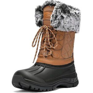 Women's Brown Waterproof Winter Boots Warm Fur Lined Anti Slip Mid Calf